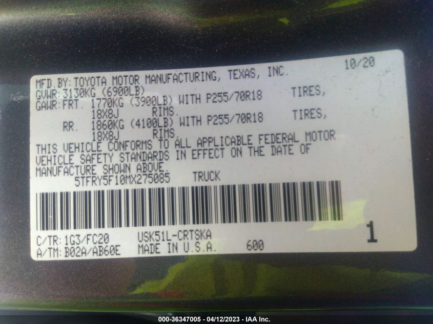 2021 TOYOTA TUNDRA 2WD SR/SR5 - 5TFRY5F10MX275085