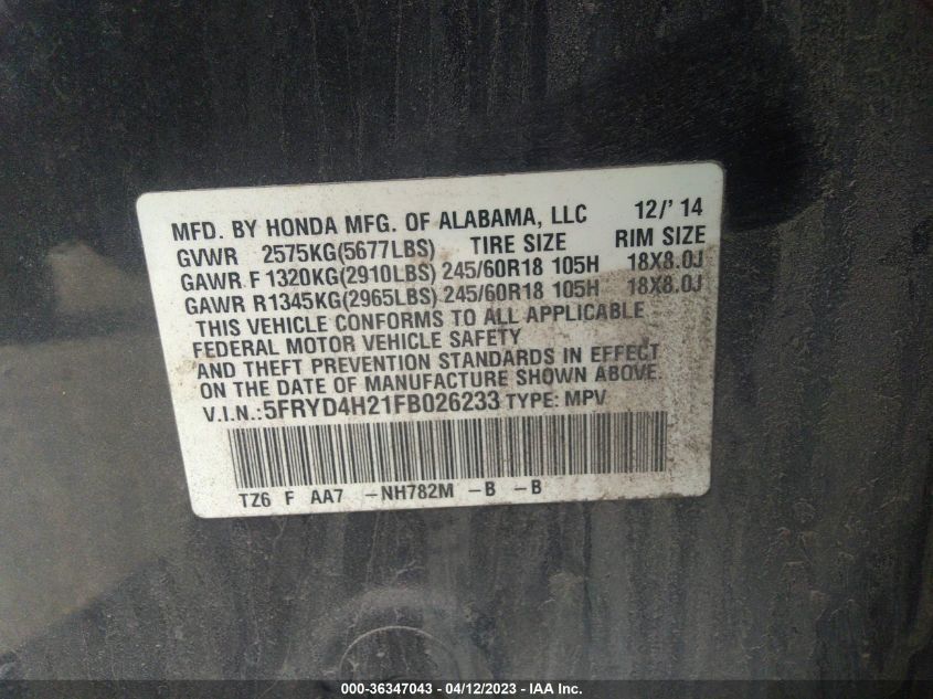 2015 ACURA MDX - 5FRYD4H21FB026233