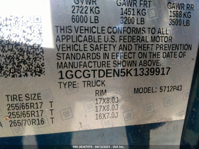2019 CHEVROLET COLORADO 4WD Z71 - 1GCGTDEN5K1339917