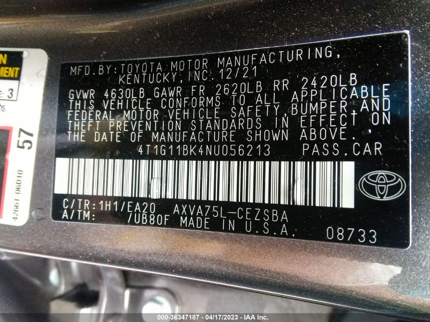 2022 TOYOTA CAMRY SE - 4T1G11BK4NU056213