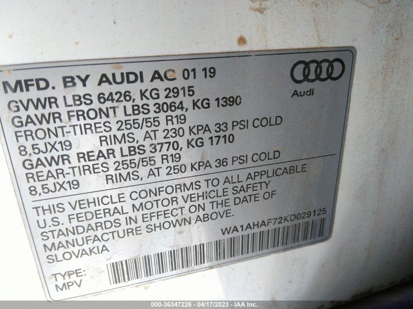2019 AUDI Q7 PREMIUM/SE PREMIUM - WA1AHAF72KD029125