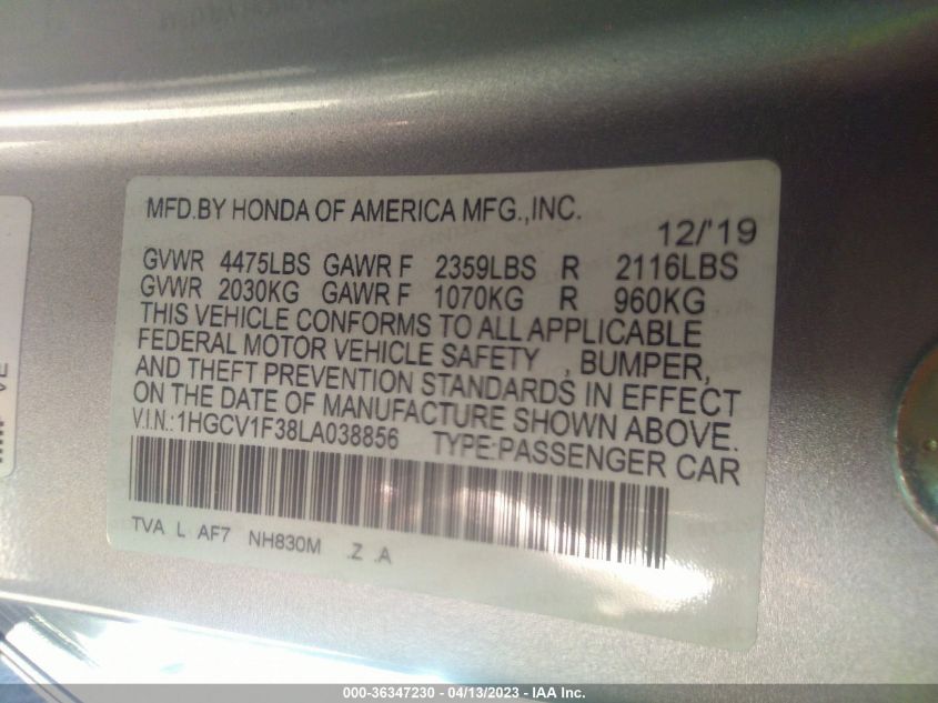 2020 HONDA ACCORD SEDAN SPORT - 1HGCV1F38LA038856