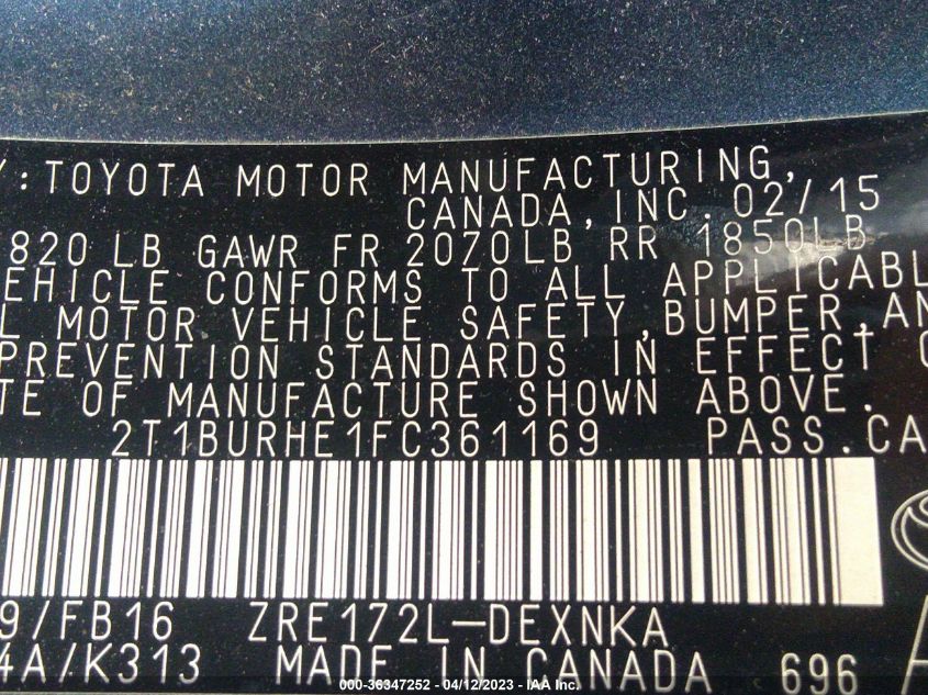 2015 TOYOTA COROLLA L/LE/S/S PLUS/LE PLUS - 2T1BURHE1FC361169