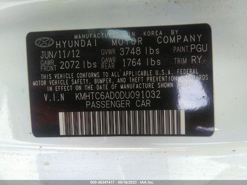 2013 HYUNDAI VELOSTER W/GRAY INT - KMHTC6AD0DU091032