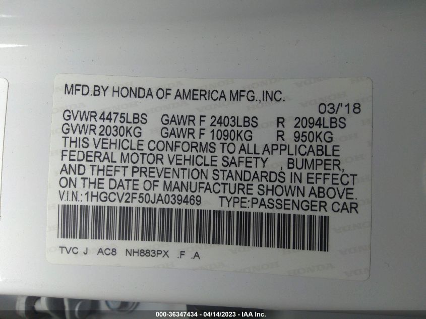 2018 HONDA ACCORD SEDAN EX-L 2.0T - 1HGCV2F50JA039469