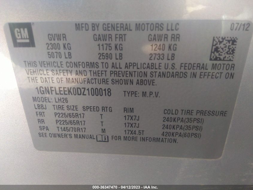 2013 CHEVROLET EQUINOX LT - 1GNFLEEK0DZ100018