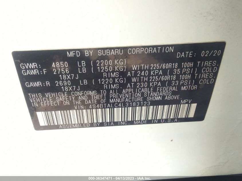 2020 SUBARU OUTBACK LIMITED - 4S4BTALC4L3183123