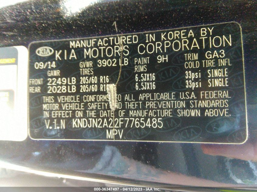 2015 KIA SOUL BASE - KNDJN2A22F7765485
