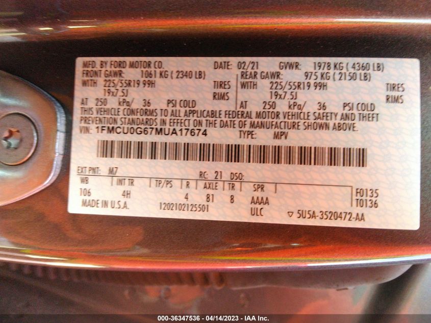 2021 FORD ESCAPE SE - 1FMCU0G67MUA17674