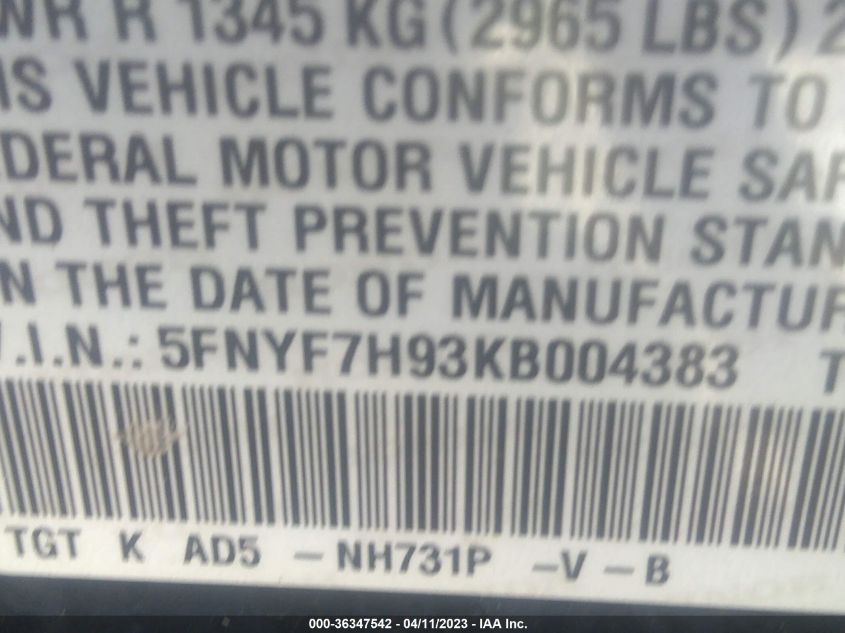 2019 HONDA PASSPORT TOURING 5FNYF7H93KB004383