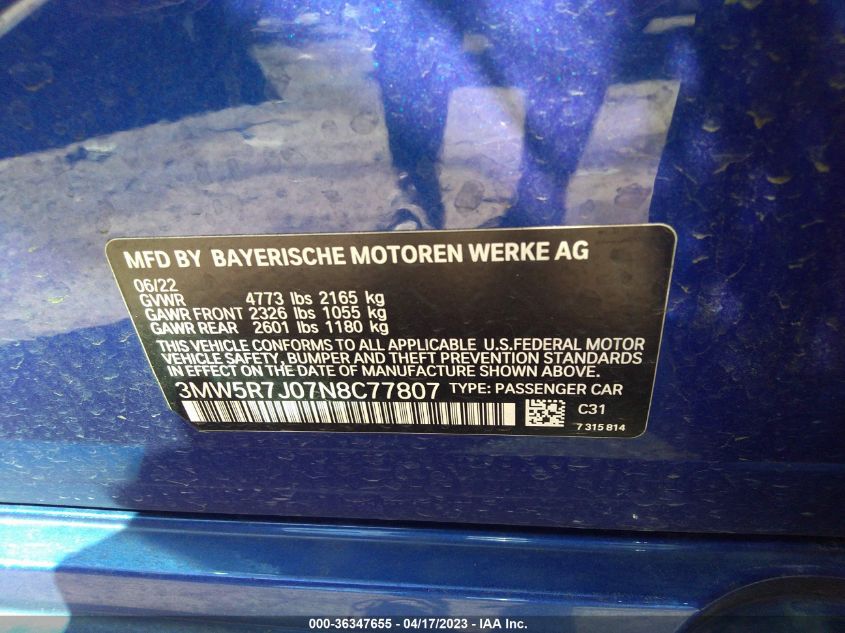 2022 BMW 3 SERIES 330I XDRIVE - 3MW5R7J07N8C77807