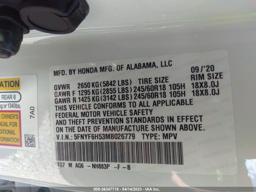 VIN 5FNYF6H53MB026779 2021 HONDA PILOT no.9