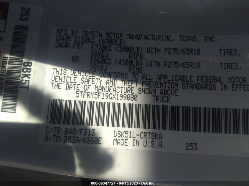 2016 TOYOTA TUNDRA 2WD TRUCK SR5/SR - 5TFRY5F19GX199080