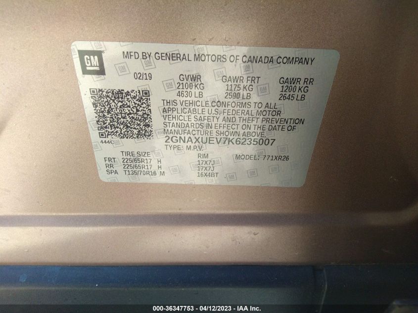 2019 CHEVROLET EQUINOX LT - 2GNAXUEV7K6235007