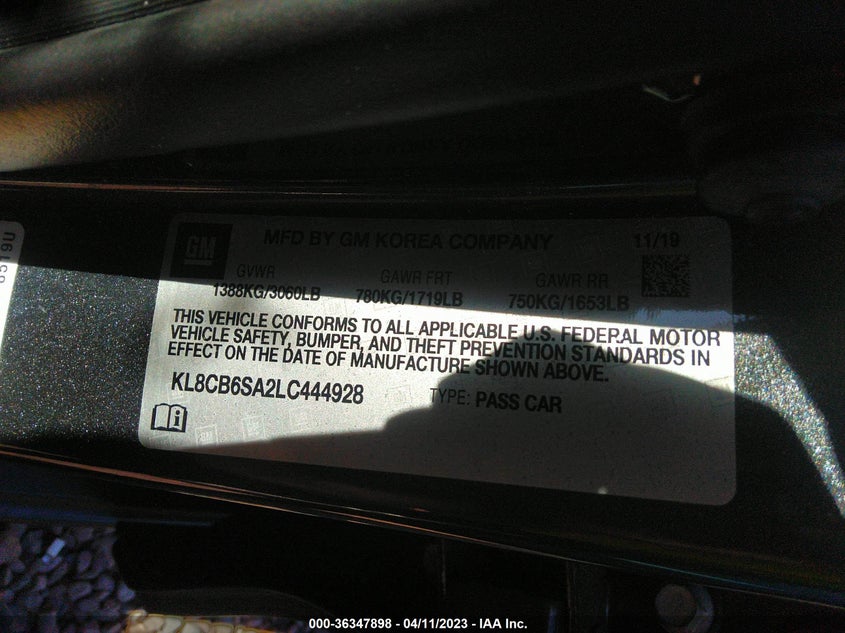 VIN KL8CB6SA2LC444928 2020 CHEVROLET SPARK LS