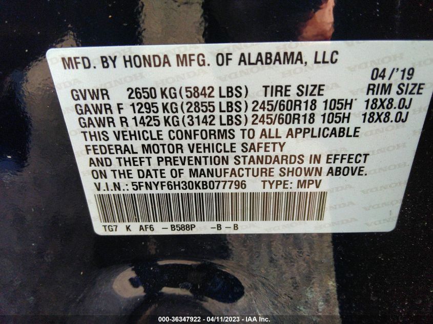 2019 HONDA PILOT EX - 5FNYF6H30KB077796