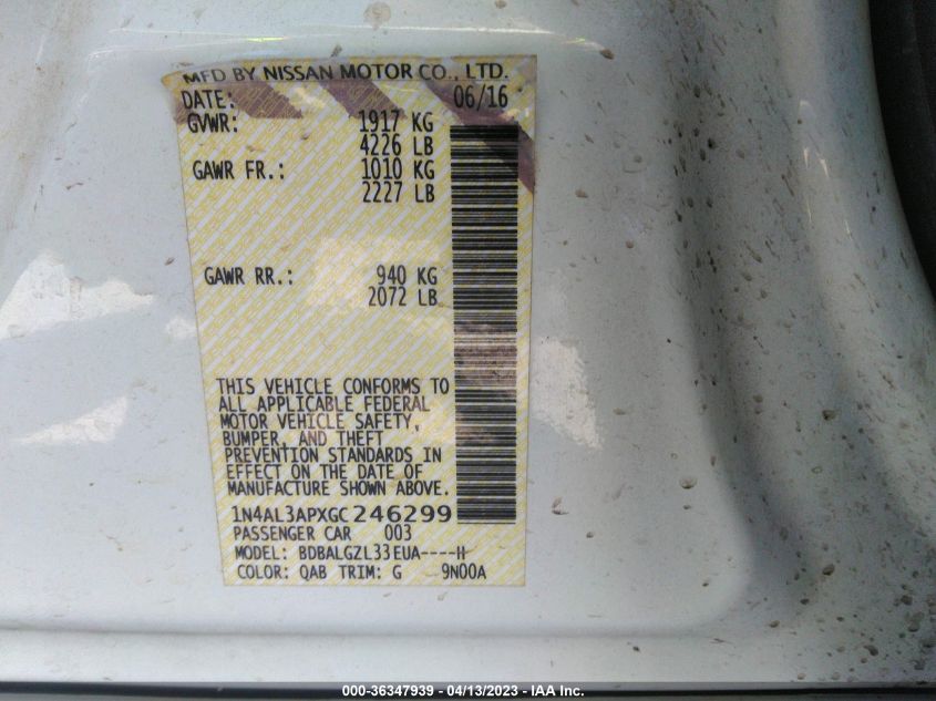 2016 NISSAN ALTIMA 2.5 S - 1N4AL3APXGC246299