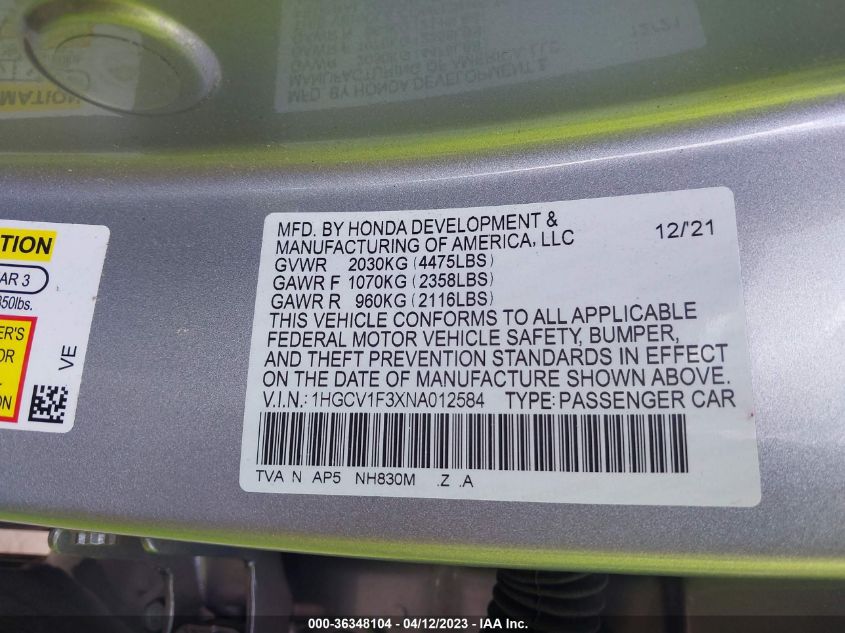 2022 HONDA ACCORD SEDAN SPORT - 1HGCV1F3XNA012584