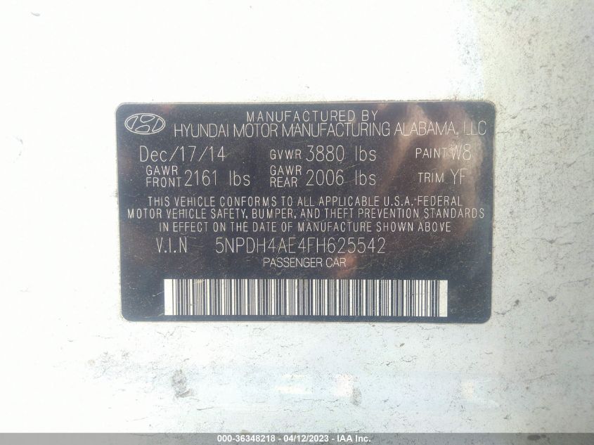 2015 HYUNDAI ELANTRA SE - 5NPDH4AE4FH625542