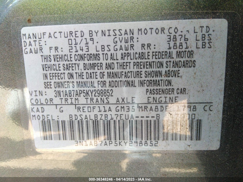 VIN 3N1AB7AP5KY298852 2019 NISSAN SENTRA S