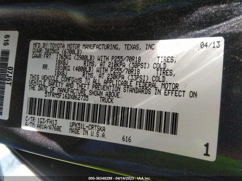 2013 TOYOTA TUNDRA 2WD TRUCK - 5TFRM5F16DX062735