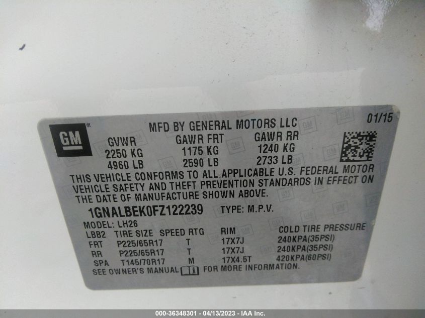 2015 CHEVROLET EQUINOX LT - 1GNALBEK0FZ122239