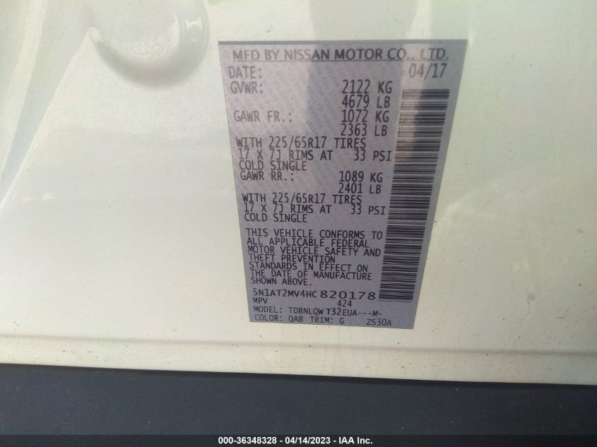 2017 NISSAN ROGUE SV - 5N1AT2MV4HC820178