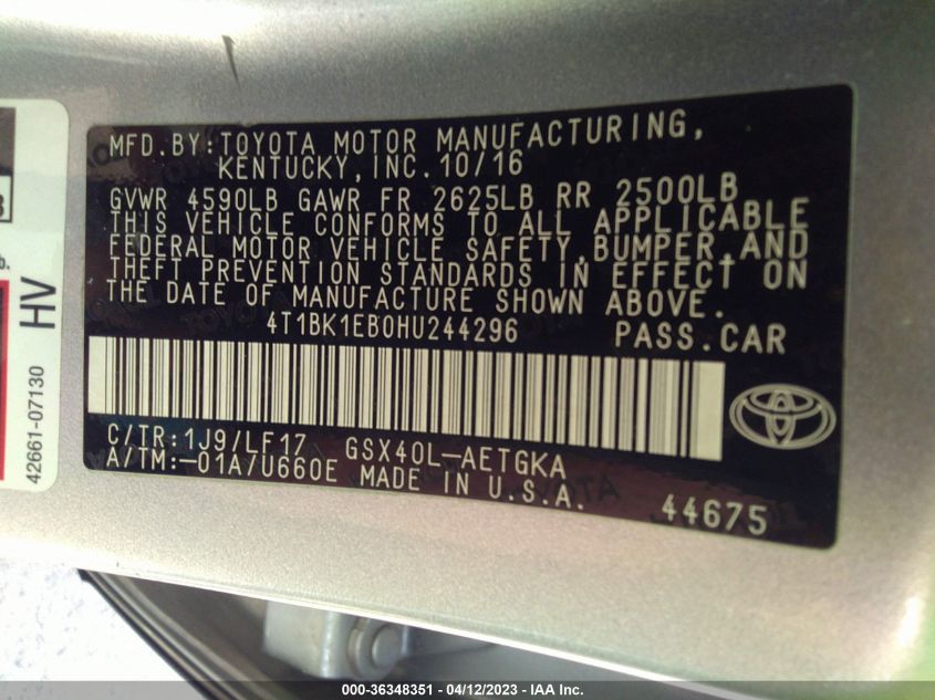 2017 TOYOTA AVALON XLE/XLE PLUS - 4T1BK1EB0HU244296