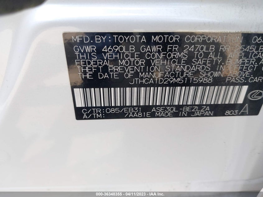VIN JTHCA1D29M5115988 2021 LEXUS IS IS 300