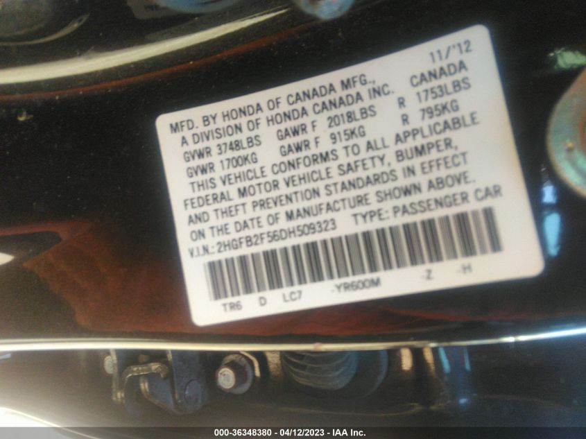 2013 HONDA CIVIC SDN LX - 2HGFB2F56DH509323