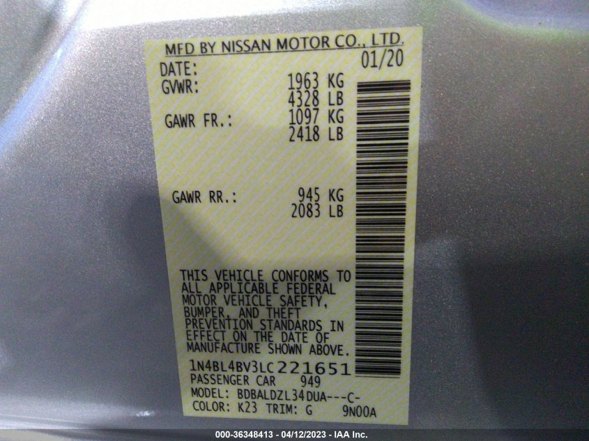 2020 NISSAN ALTIMA 2.5 S - 1N4BL4BV3LC221651