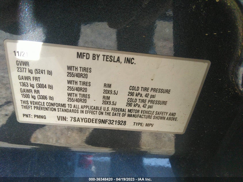 VIN 7SAYGDEE9NF321928 2022 TESLA MODEL Y LONG RANGE