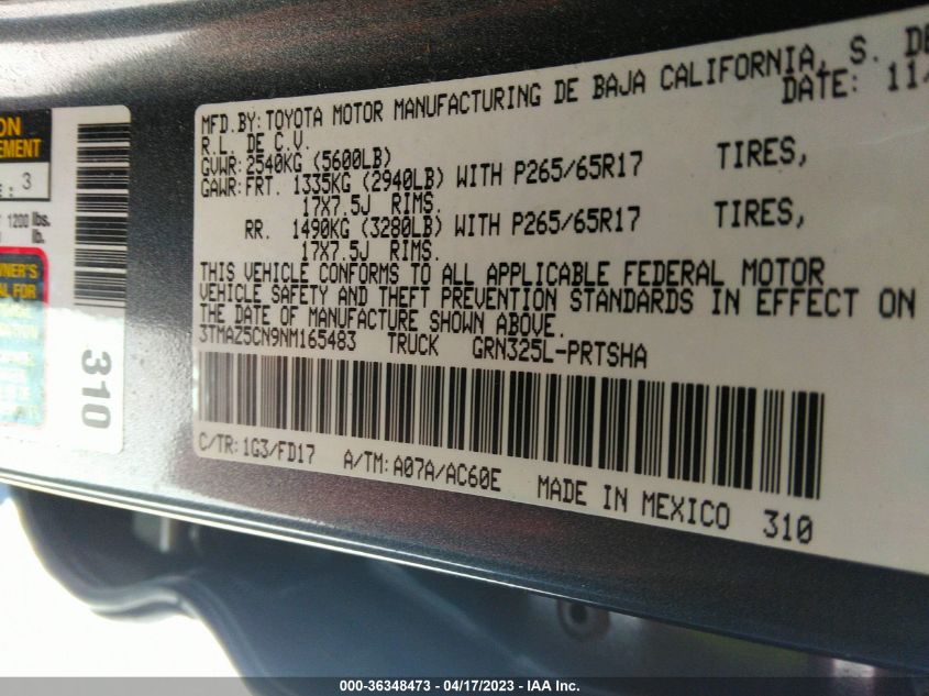 2022 TOYOTA TACOMA 2WD TRD SPORT - 3TMAZ5CN9NM165483
