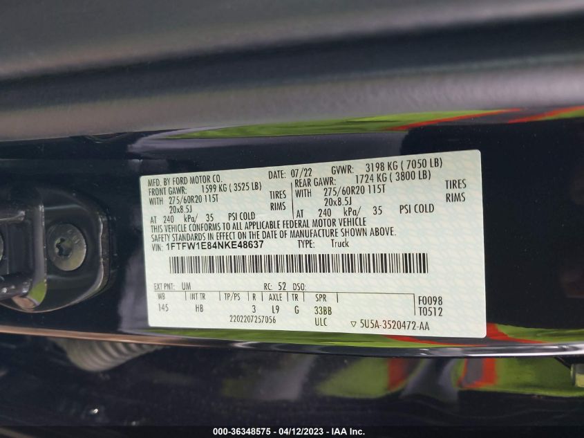 2022 FORD F-150 XL/XLT/LARIAT - 1FTFW1E84NKE48637
