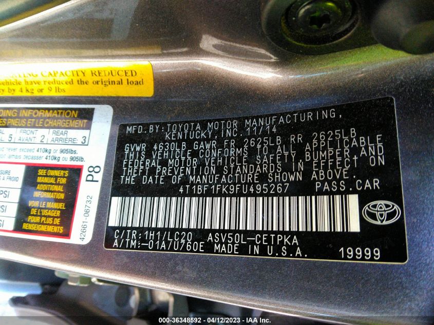 2015 TOYOTA CAMRY XLE/SE/LE/XSE - 4T1BF1FK9FU495267