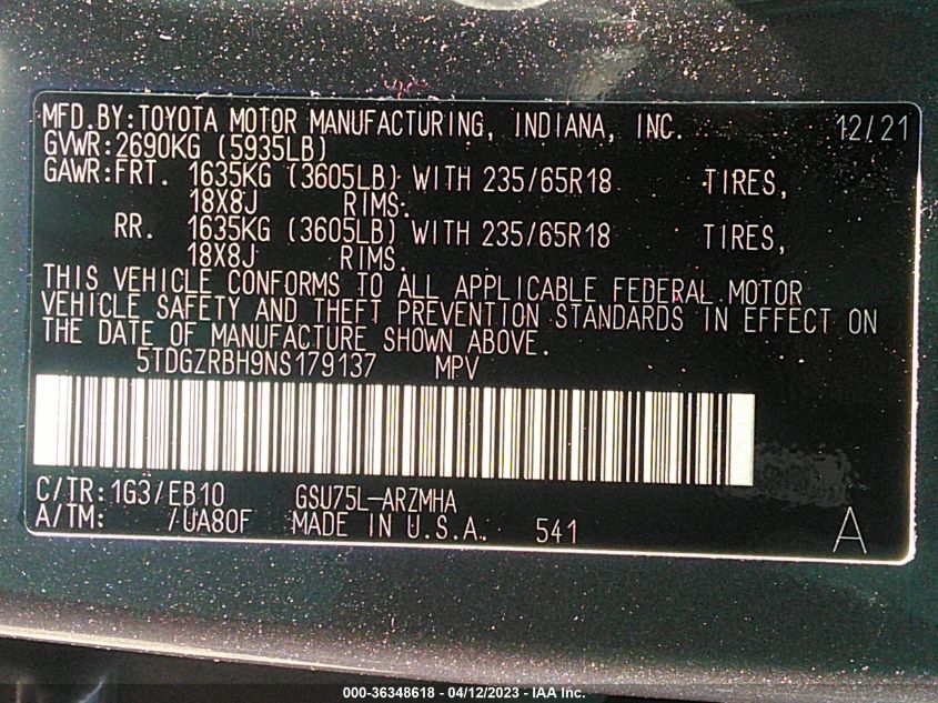 2022 TOYOTA HIGHLANDER XLE - 5TDGZRBH9NS179137