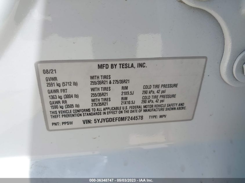 2021 TESLA MODEL Y PERFORMANCE - 5YJYGDEF0MF244578