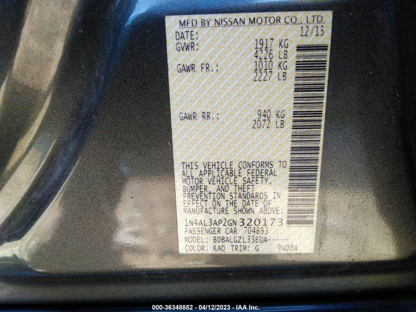 2016 NISSAN ALTIMA 2.5 S - 1N4AL3AP2GN320173