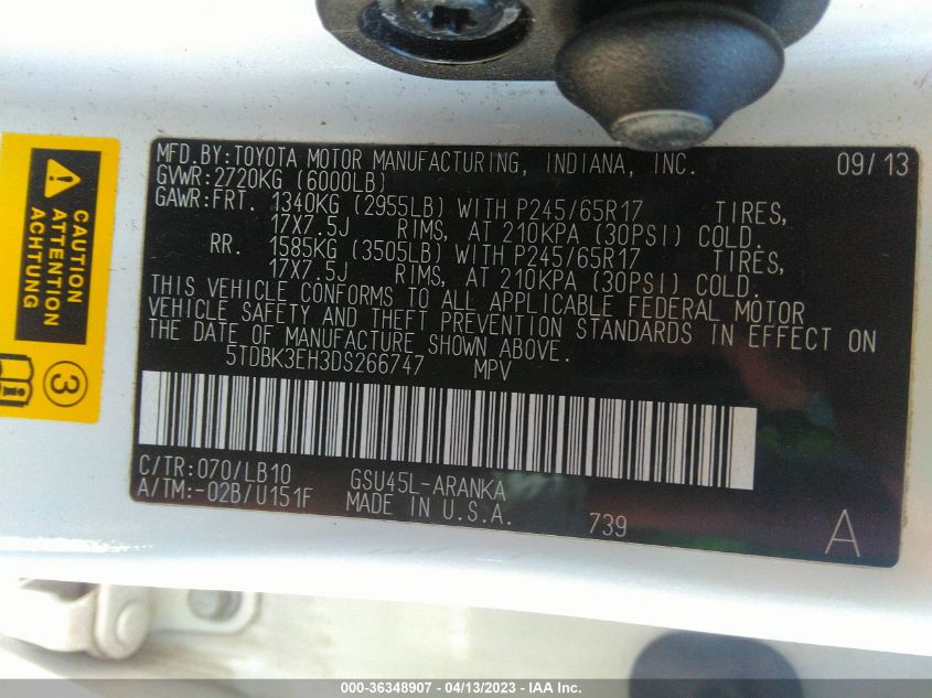 2013 TOYOTA HIGHLANDER - 5TDBK3EH3DS266747