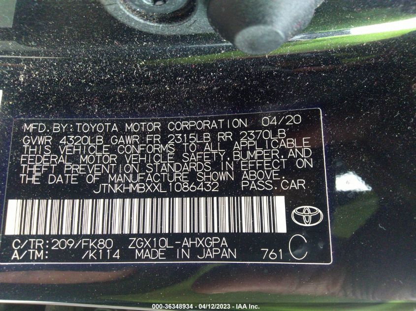 2020 TOYOTA C-HR LE/XLE/LIMITED - JTNKHMBXXL1086432