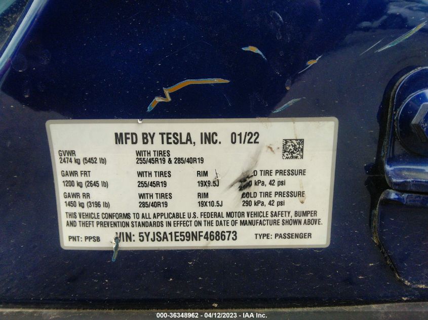 2022 TESLA MODEL S - 5YJSA1E59NF468673