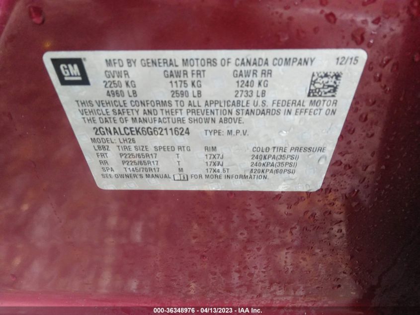 2016 CHEVROLET EQUINOX LT - 2GNALCEK6G6211624