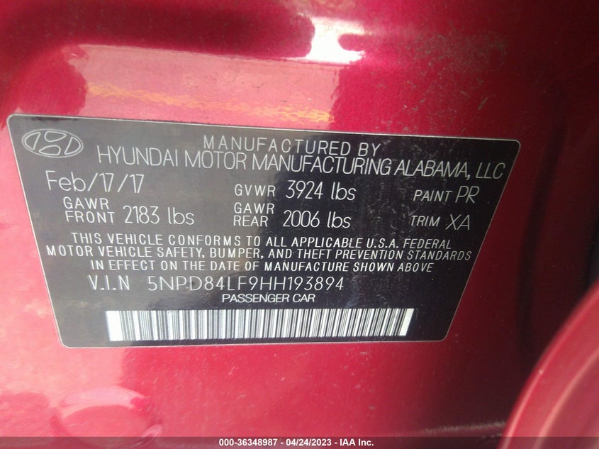 VIN 5NPD84LF9HH193894 2017 HYUNDAI ELANTRA SE