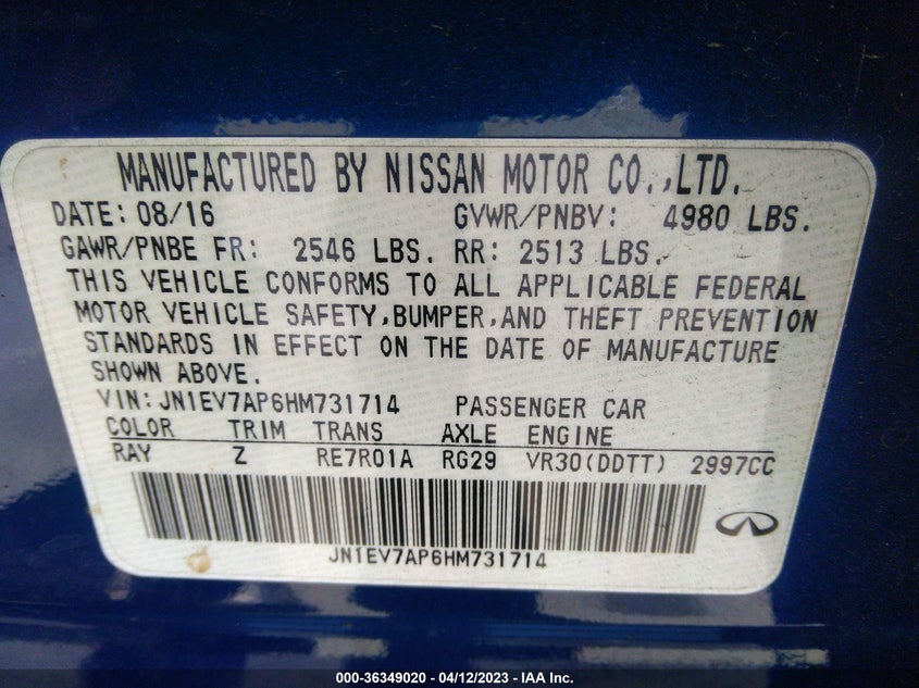 VIN JN1EV7AP6HM731714 2017 INFINITI Q50 3.0T SPORT