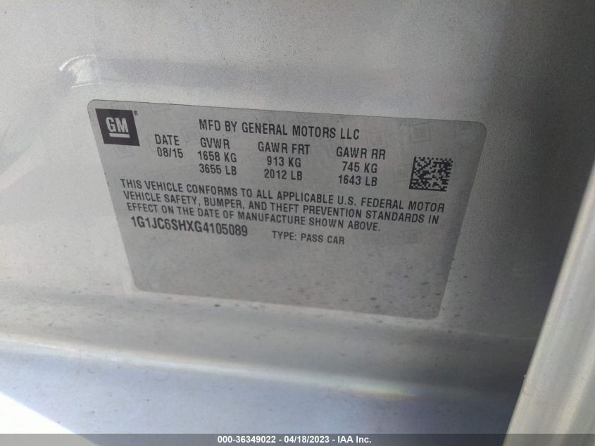 2016 CHEVROLET SONIC LT - 1G1JC6SHXG4105089