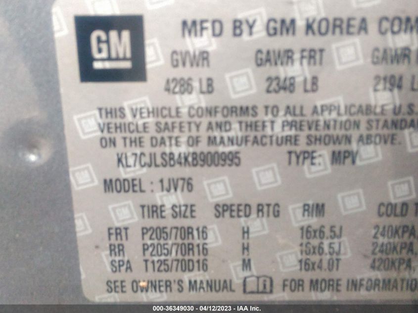 2019 CHEVROLET TRAX LT - KL7CJLSB4KB900995