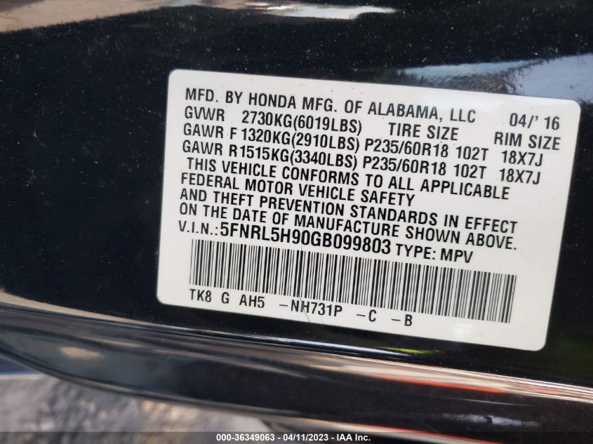 2016 HONDA ODYSSEY TOURING - 5FNRL5H90GB099803
