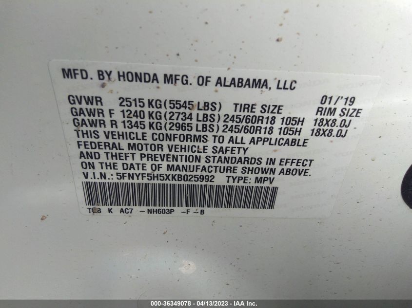 2019 HONDA PILOT EX-L - 5FNYF5H5XKB025992