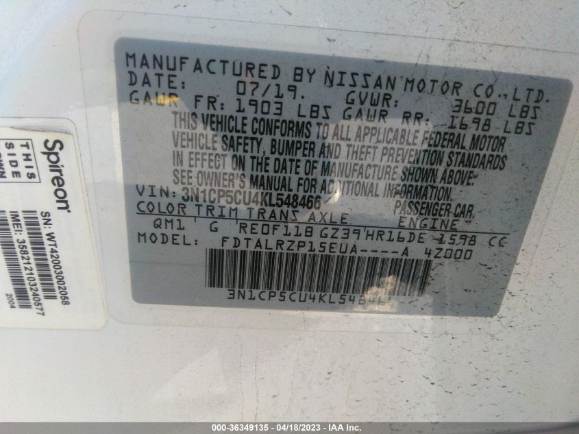 2019 NISSAN KICKS S - 3N1CP5CU4KL548466