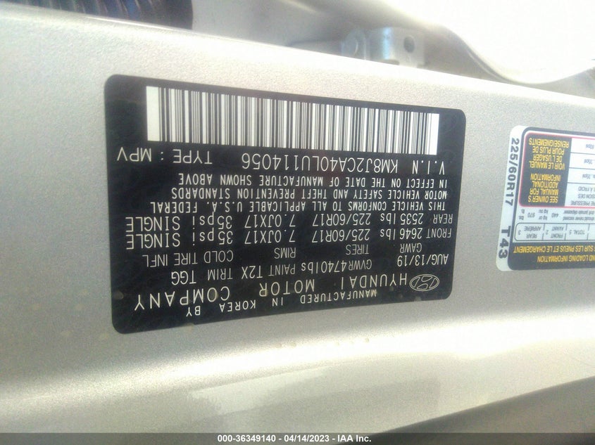 VIN KM8J2CA40LU114056 2020 HYUNDAI TUCSON SE